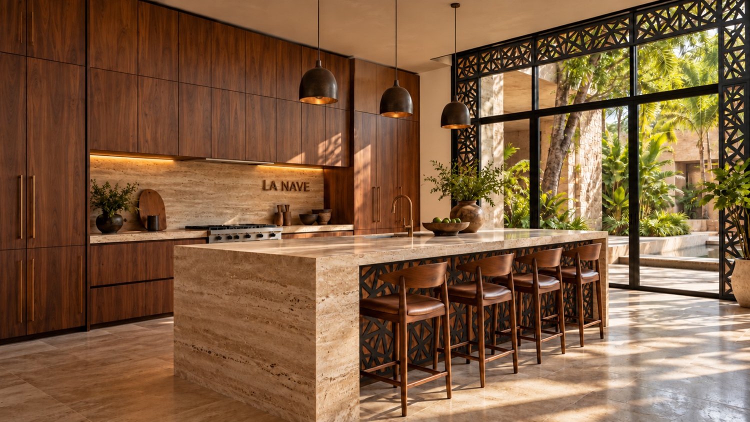 Concepto de cocina de lujo con nogal, piedra y paneles decorativos de acero negro