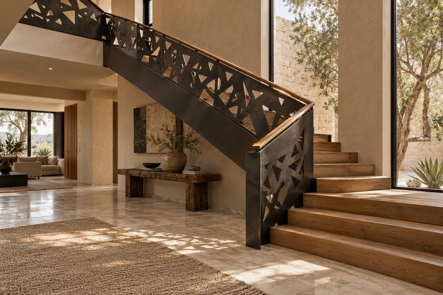 Concepto fotorealista de escalera de madera y barandal de acero oscuro perforado